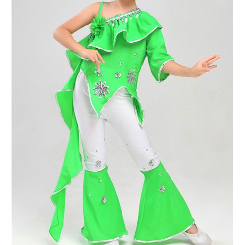 Green Girls traditional Chinese folk dance costumes kids children ancient stage performance drama cosplay dancing outfits 